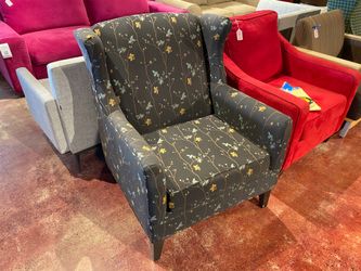Grey Floral Pattern Wingback Chair