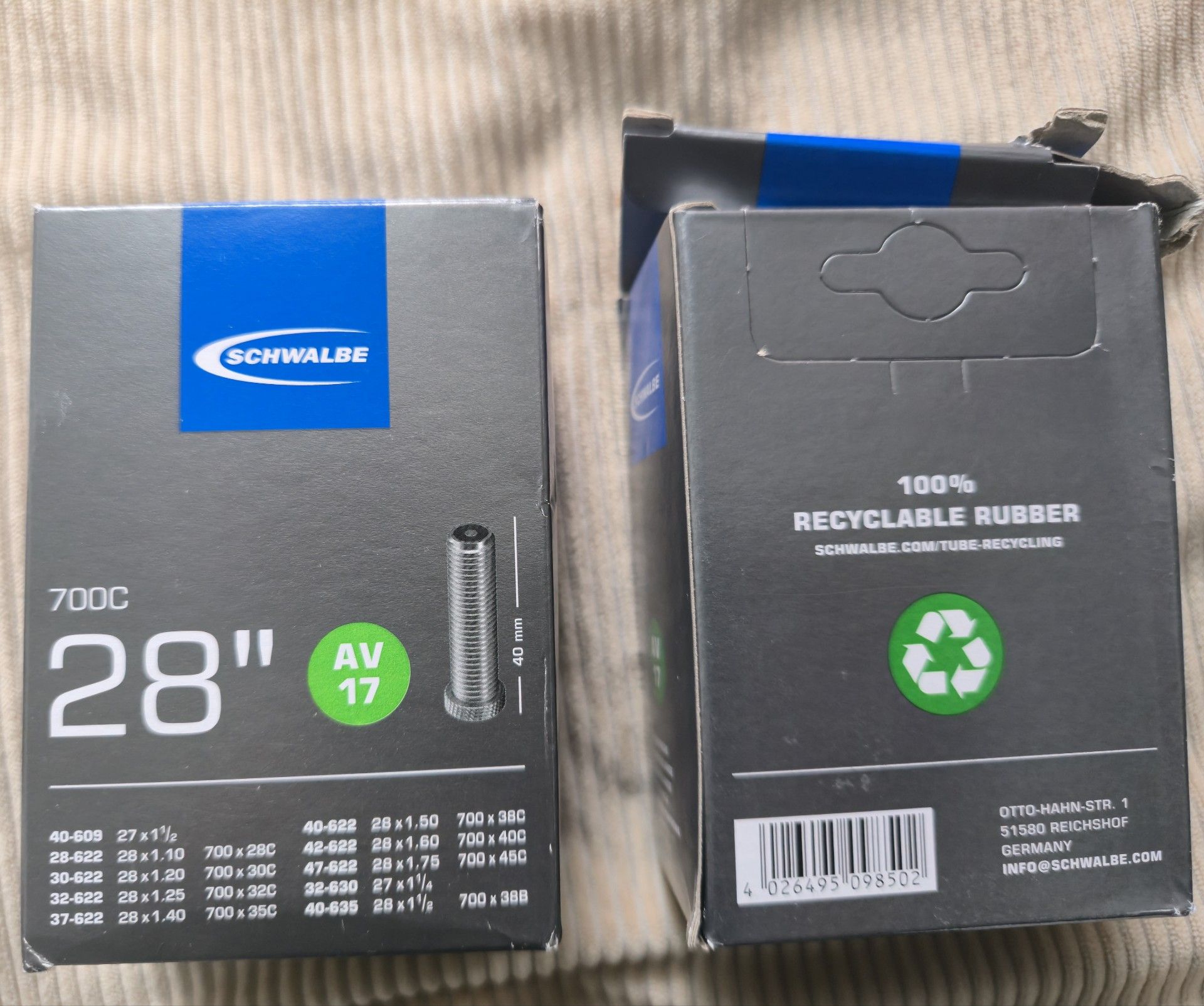 SCHWALBE BICYCLE INNER TUBE ITEM 28"/700 (pair)