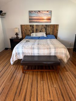 KING Purple Mattress + Adjustable Base + Rustic Bed Frame + Nightstand