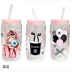 Fashion Clear Glass Tumbler Cup 16 oz Pink UV DTF Design With Glass Straw