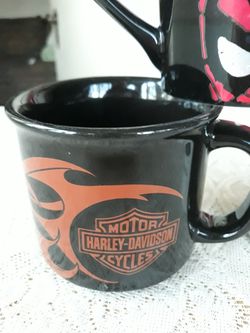 Harley coffee mugs and Spiderman mug