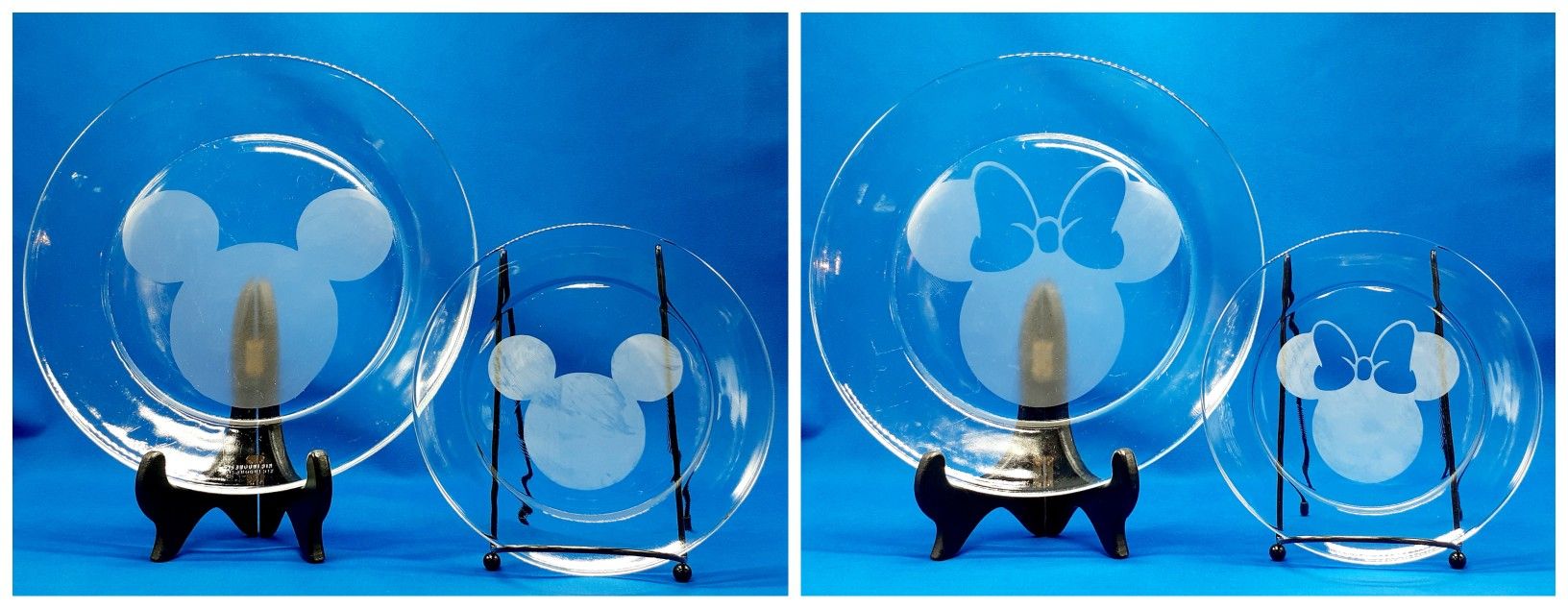 Etched Glass Mickey and Minnie Mouse Dinner Set set for 2 for Sale in