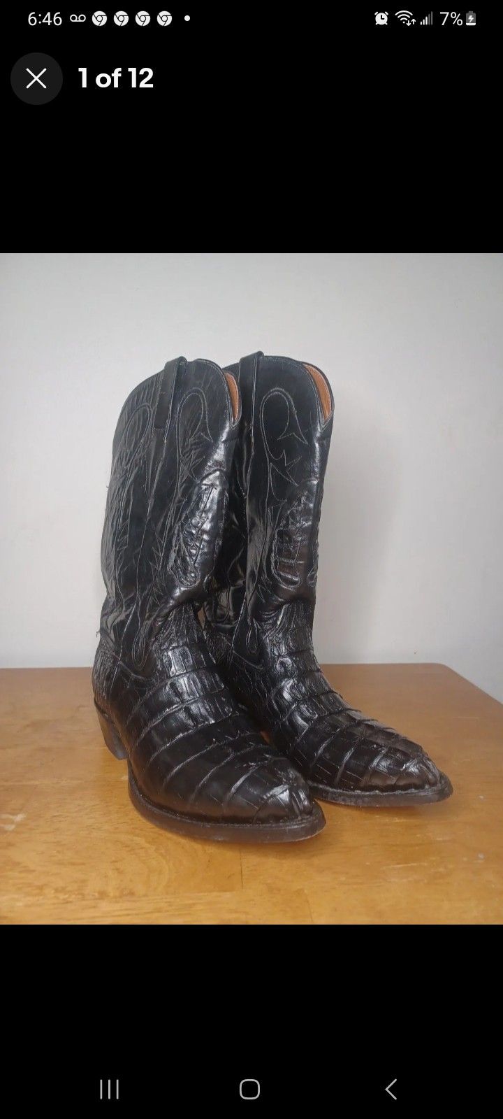 Cowtown Hornback Caiman Alligator Boots 9 Men black cowboy boot