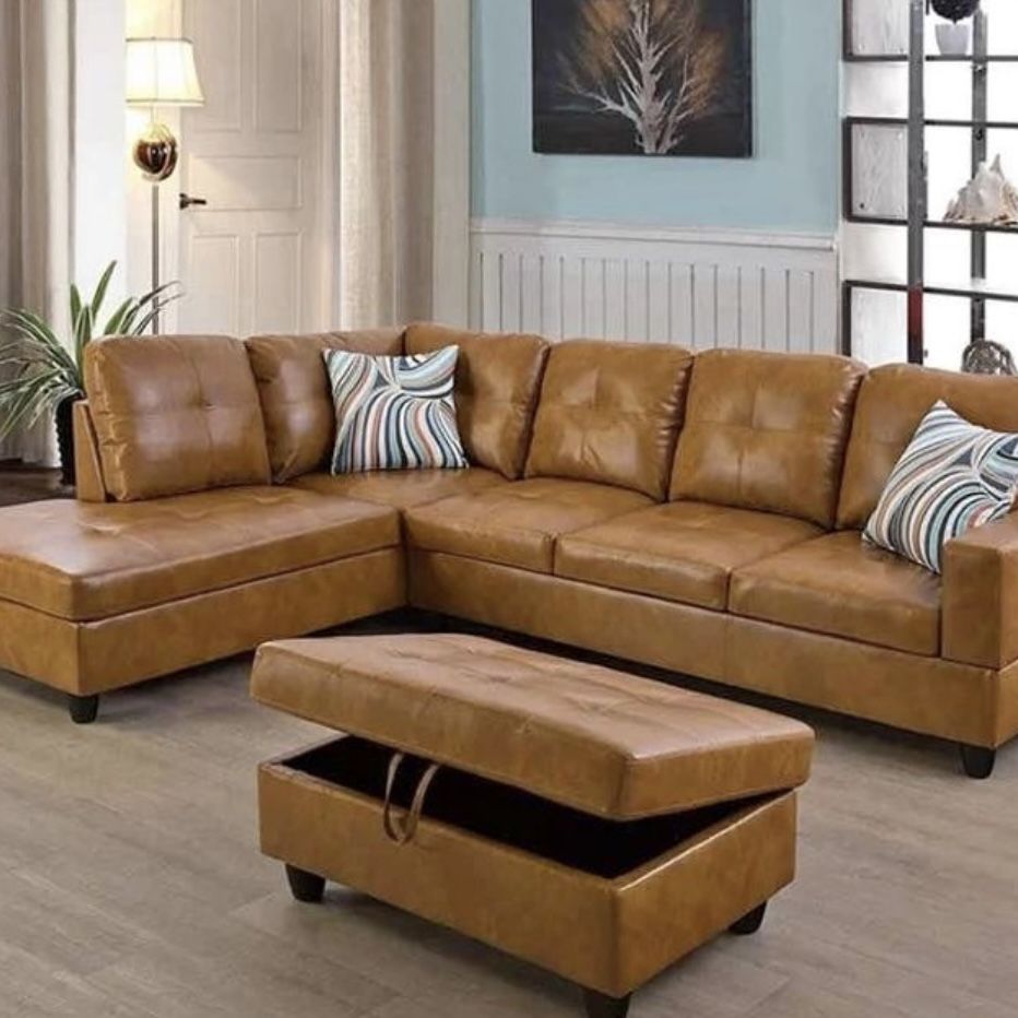 Carmel Leather Sectional Couch And Ottoman