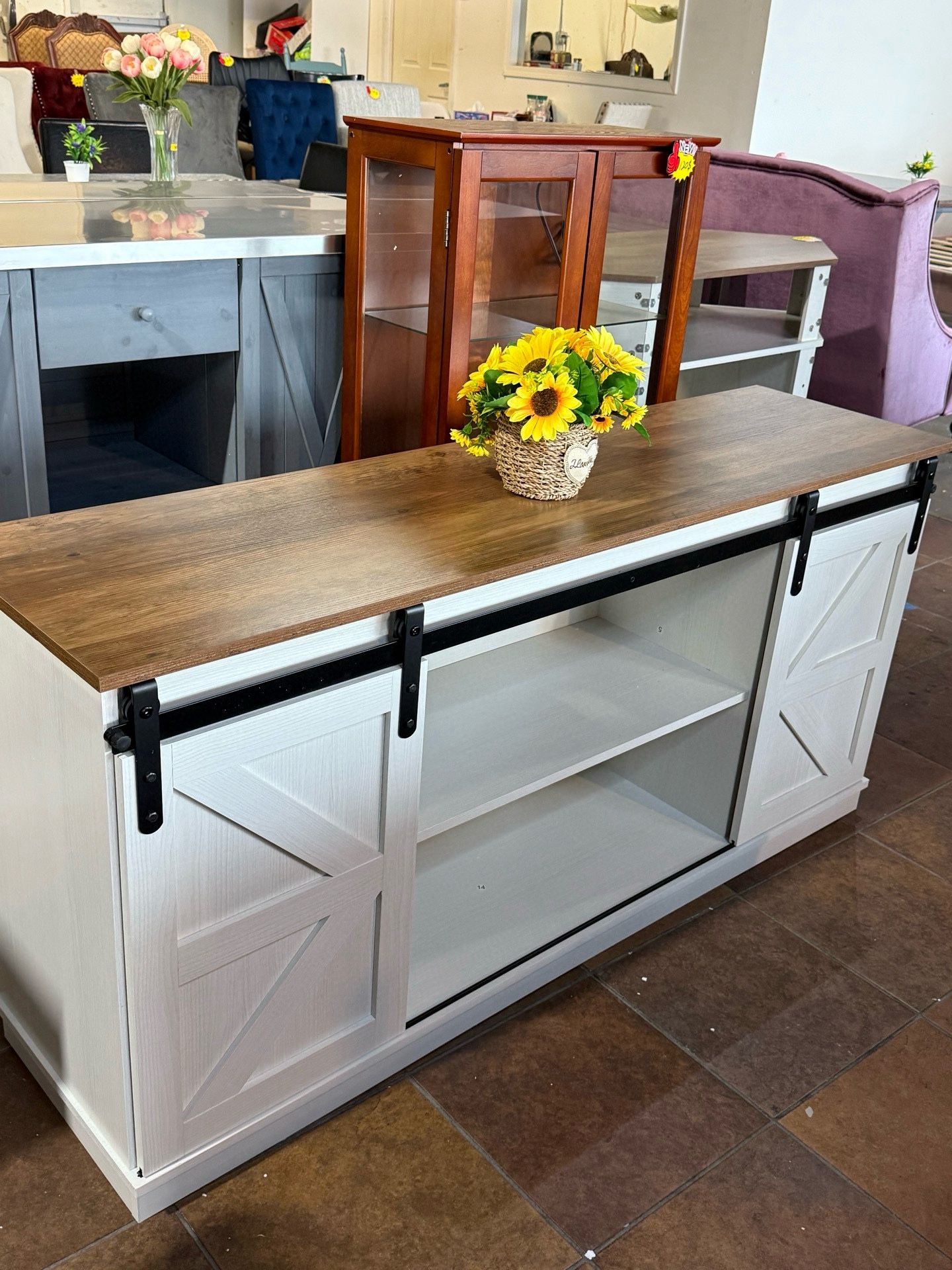 58" TV Stand for TVs Up to 65", Sliding Barn Door TV Stand with Adjustable Side Shelves, Farmhouse Media Console, Rustic Wood TV Cabinet Home Entertai