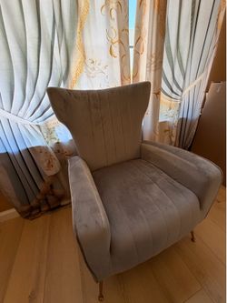 Gray Velvet Wingback Armchair with Gold Legs