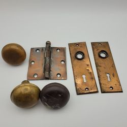 Antique Door Knob Hinge Plate Lot Brass Plated Escutcheon Early 1900s