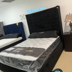 Queen Black Diamond Head Board Bed Frame Suede- Cama Con Diamantes 