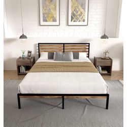 Brand New In The Box- Wood-Metal Combination California King Bed Frame with Headboard, Stable Platform with Steel Slat Support, Double Bed, No Box Spr