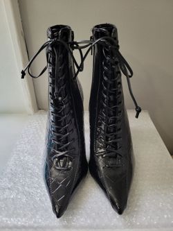 Black Patent Croc Lace-Up Pointed Toe Booties