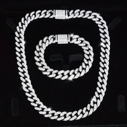 2-Pcs Iced Out 14K White Gold-Plated Cubic Zirconia Miami Cuban Chain Necklace and Bracelet Set