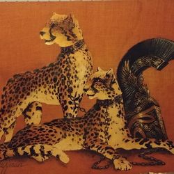 Vintage Mid-Century Painting Model cheetah Oil painting on burlap signed by Wyman an Original piece 48x36
