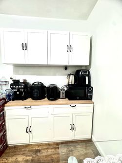 White Wooden Sideboard, Storage Cabinet, with Wall Mounted Kitchen Cabinet( Two Parts )