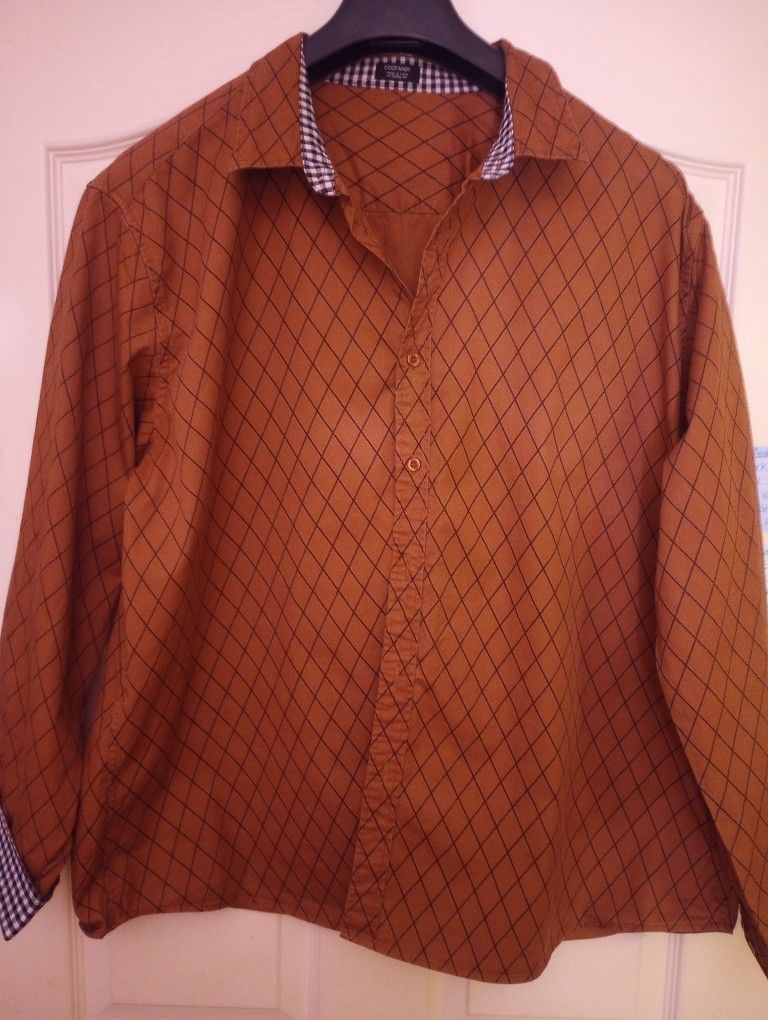 Men Brown Shirt With Black/White Plaid Collar & Cuffs 