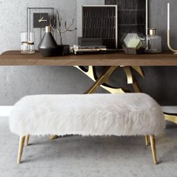 Z Gallerie White Sheepskin Luxe Bench With Gold Legs