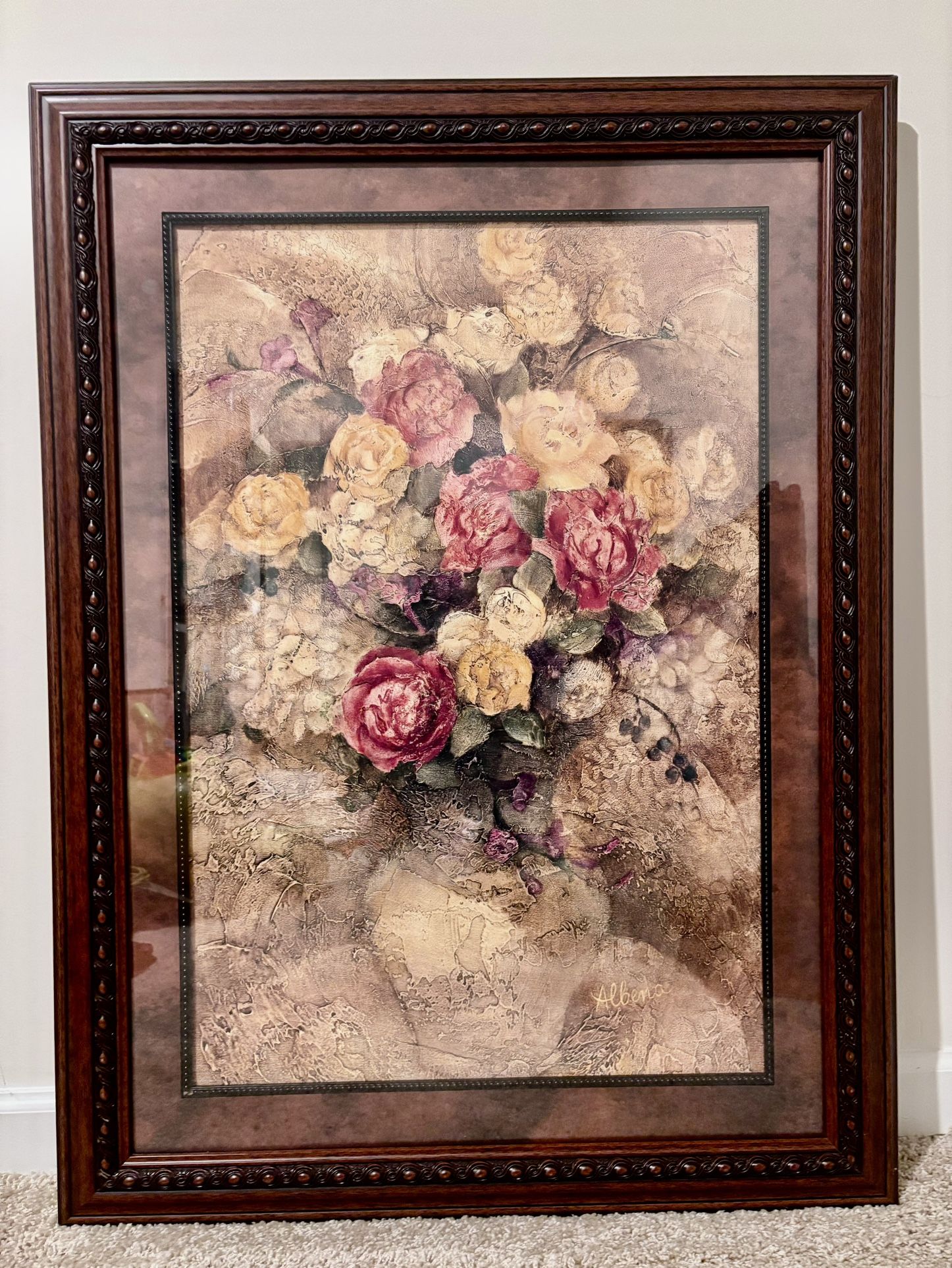 Floral painting in glass and wooden frame 38 x 28.5