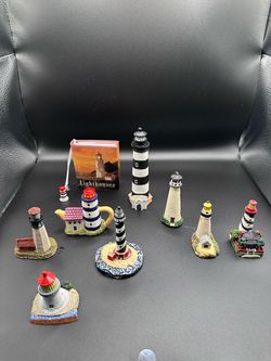 Lot of 8 Vintage Miniature Lighthouse Figurine Replicas + Mini Hardcover Book