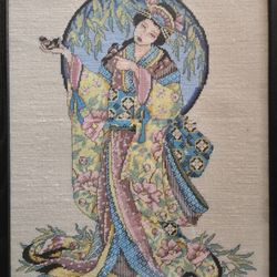 Framed Geisha Cross Stitch Needle Point Art 