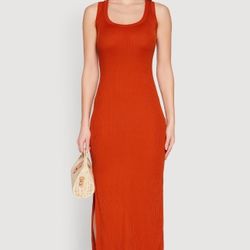 Flattering Ribbed Knit Sleeveless Tank Side Slit Maxi Dress Rust 