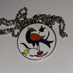 Multicolored Enameled Peacock on round Pendant, 