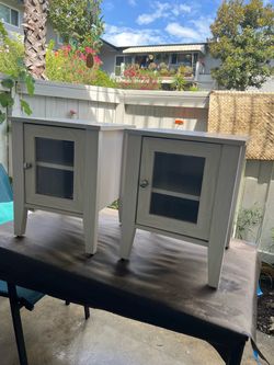 Gray Wood Nightstands with Glass Door – Set of 2