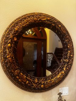 Large Round Wall Mirror with Carved Floral Frame