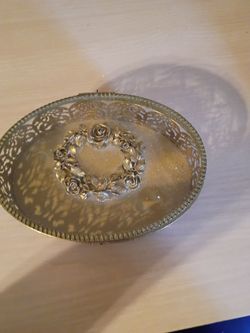 Trinket Jewelry Flocked Box with Gold Filigree & Roses and Clear Glass