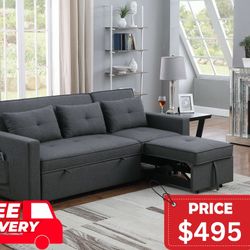 Dark Gray Linen Convertible Sleeper Sofa with Side Pocket - Free Delivery ✅ Pull Out Sofa Bed 