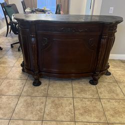 Solid Wood And Marble Home Bar With 2 Swivel Stools