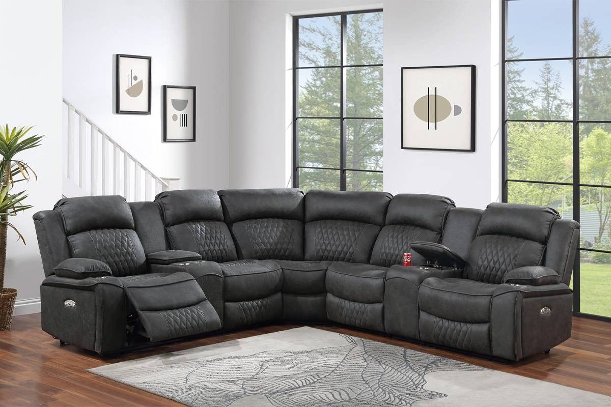 Brand New Grey Leather Power Reclining Sectional Sofa