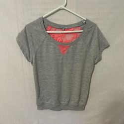 Gray Women's Top with Pink Lace Detail