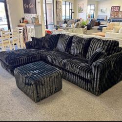 Corduroy Sectional In Black With Ottoman 