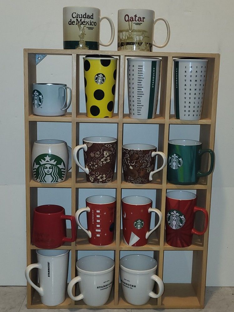 Starbucks Coffee Mugs 17 and wooden cup holder shelf for collectors display decoration