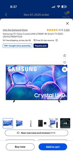 Samsung 75” Class Crystal UHD 4K Smart TV