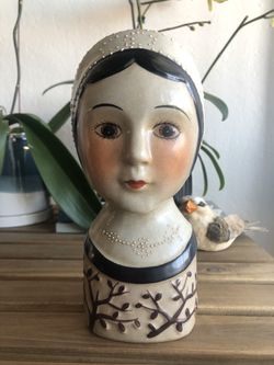 Folk Art Style Ceramic Hand Painted Lady Head Vase 9.5”