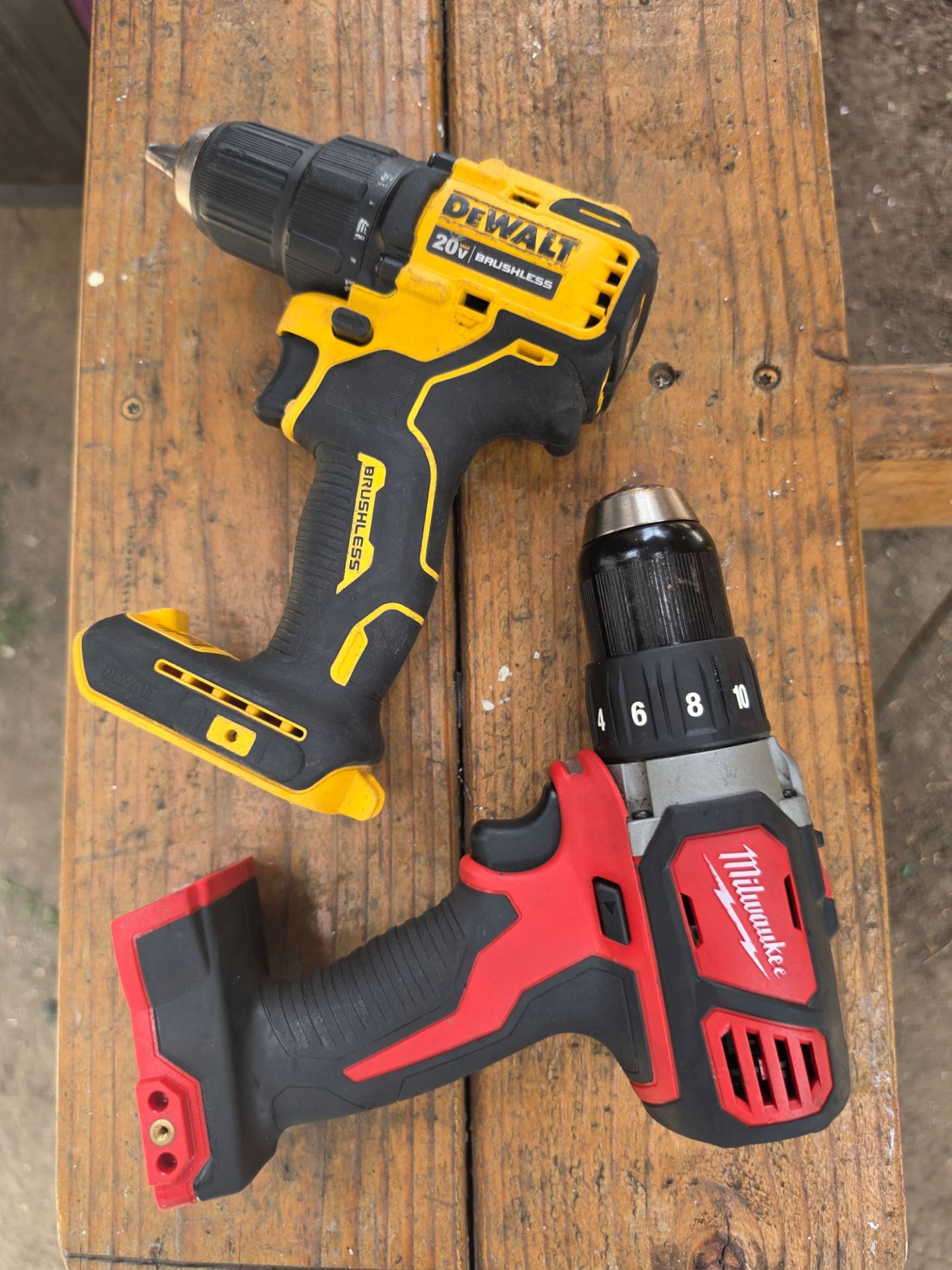 Dewalt and Milwaukee compact drills (tools only)