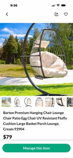 Barton Premium Hanging Chair Lounge Chair Patio Egg Chair UV Resistant Fluffy Cushion Large Basket Porch Lounge, Cream 93904