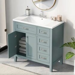 36” Green Freestanding Bathroom Vanity w/ Drawers / Storage Cabinets & Ceramic Sink [FAUCET NOT INCLUDED] [NEW] **Retails for $600+ <Assembly Required