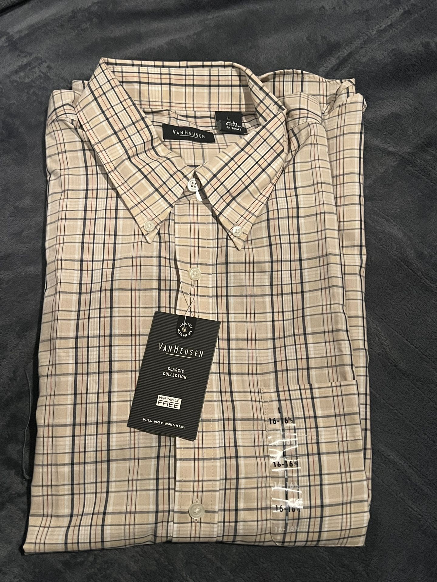 🆕 Van Heusen Men's Classic Plaid Shirt - Beige -L 16-16.5”