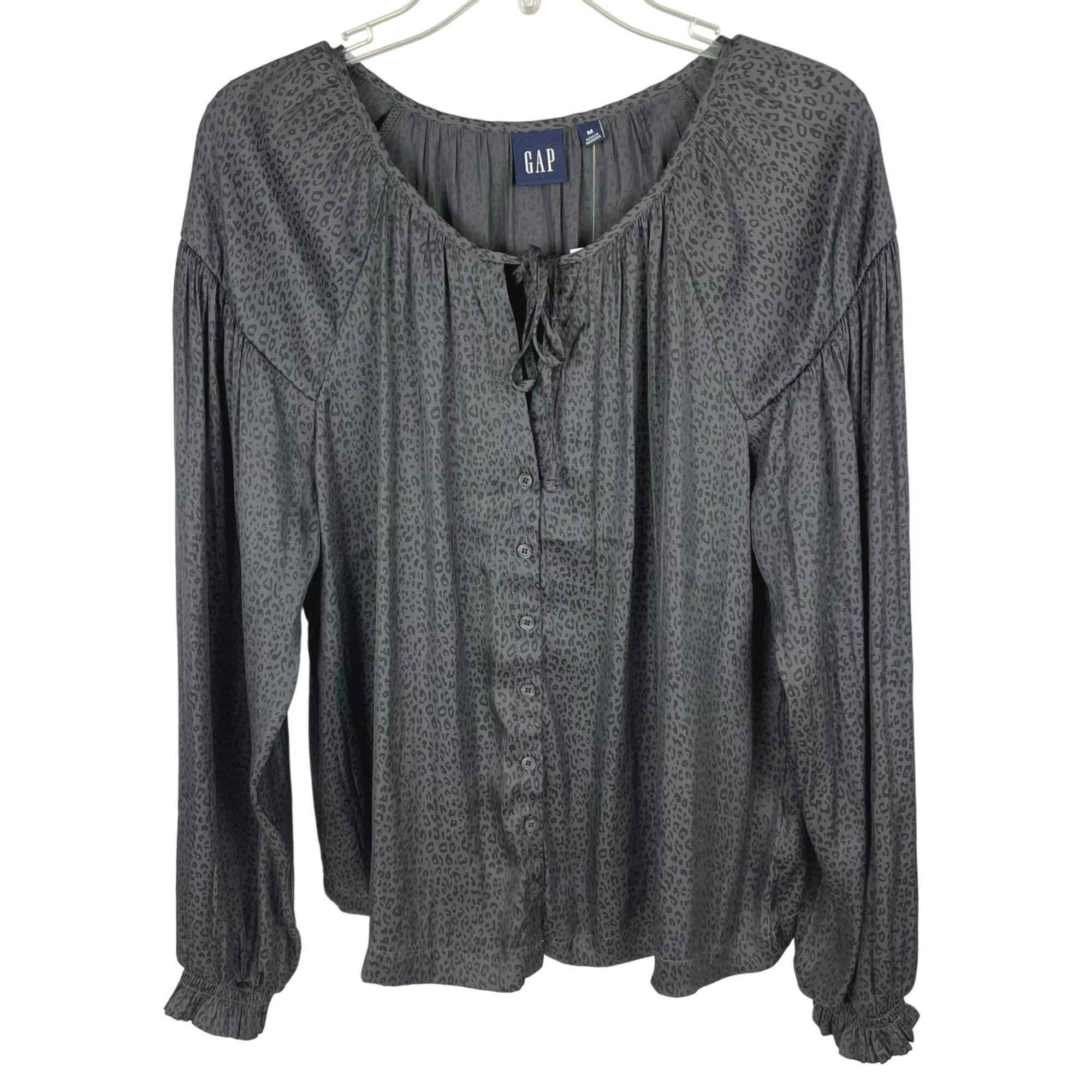 Gap Women’s Blouse Gray Leopard-Print Tie-Neck Scoop-Neck Sz. M NWT