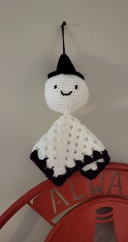Hand crocheted fun and friendly ghost 