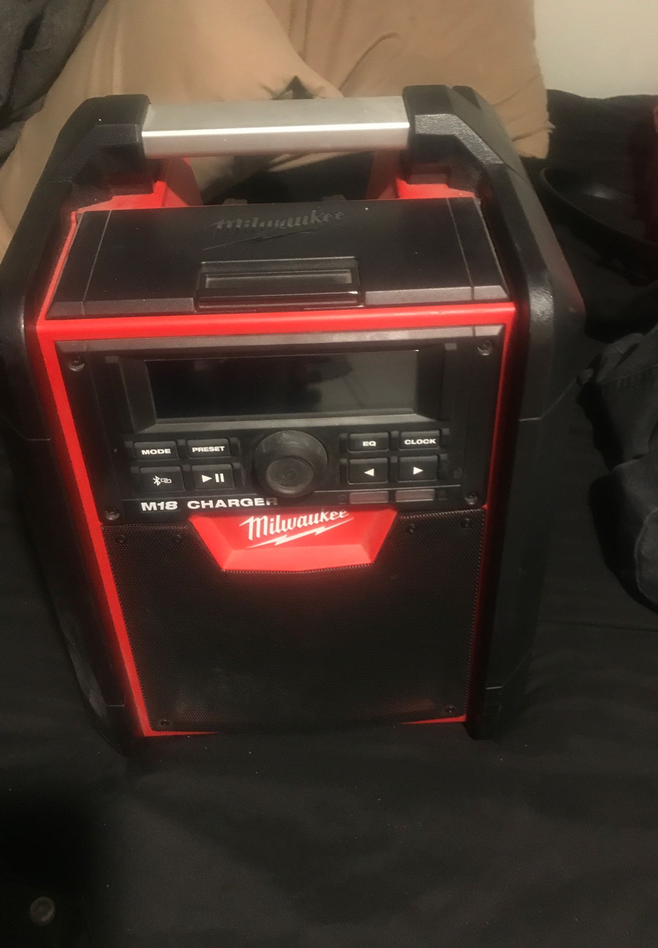 Milwaukee M18 Bluetooth jobsite stereo. Use plug or M18 battery to operate