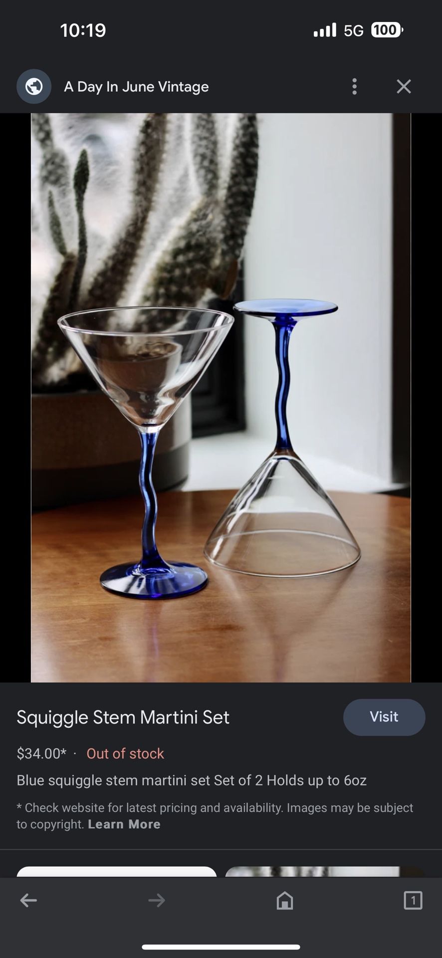 Vintage Surrealist Blue Swivel Stem Hand blown Martini Glasses X2
