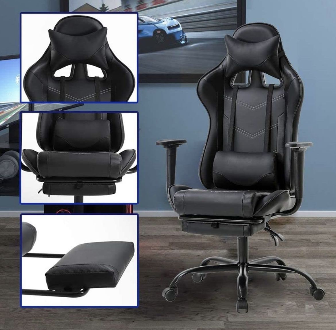 Office Chair PC Gaming Chair Ergonomic Desk Chair Executive PU Leather Computer Chair Lumbar Support with Footrest Modern Task Rolling Swivel Racing C
