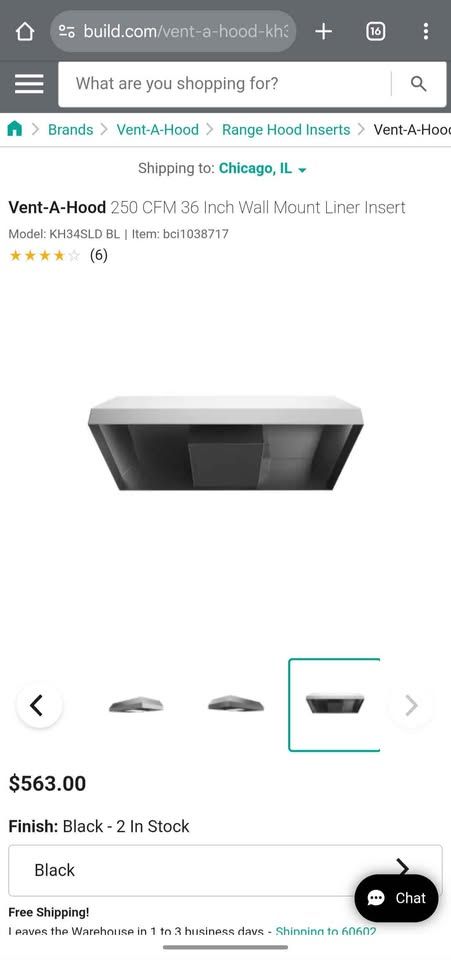 Vent-A-Hood 250 CFM 36 Inch Wall Mount Liner Insert - Black