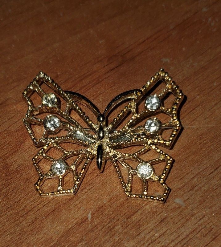 Gerry's Butterfly Brooch Made of Gold Tone Metal and Clear Rhinestones, Mid Century Modern Butterfly Pin