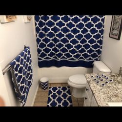 Bathroom Curtain , Clips , Mat.  Towel And Garbage Bin 