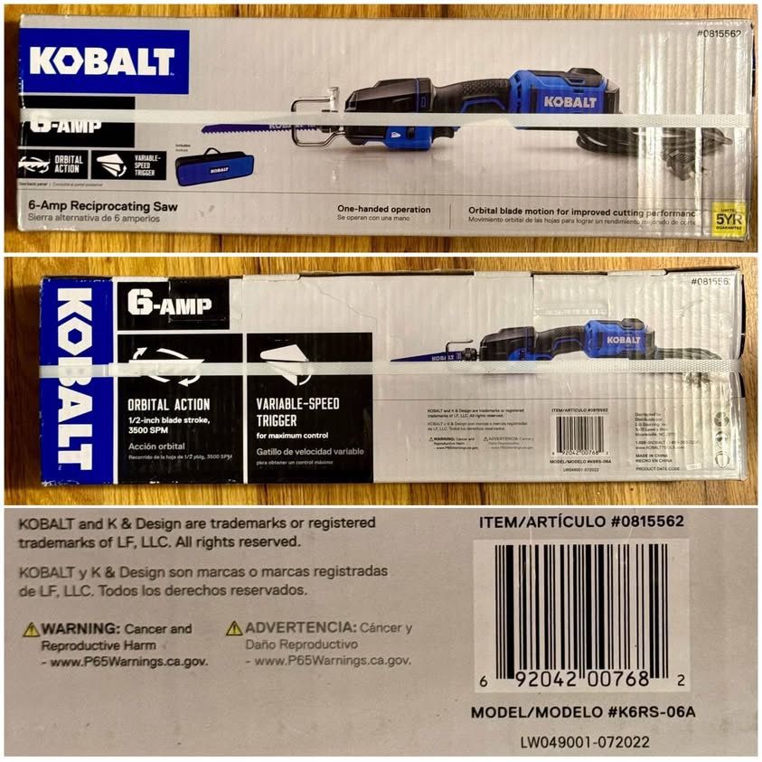 New Kobalt 6-Amp Reciprocating Saw, Model K6RS-06A