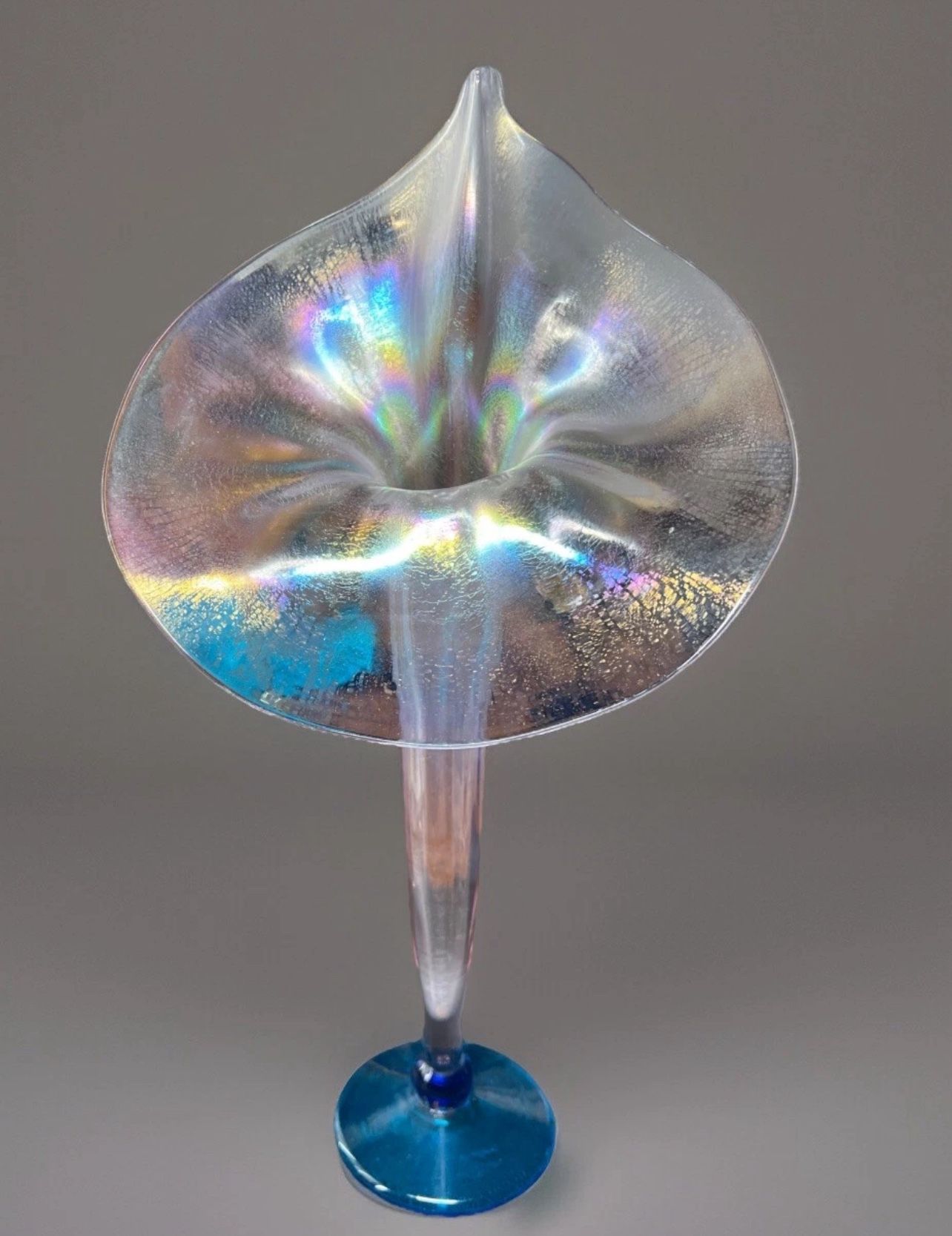 Vintage Rick Strini 11" Tall Studio Art Glass Iridescent Jack In The Pulpit Vase