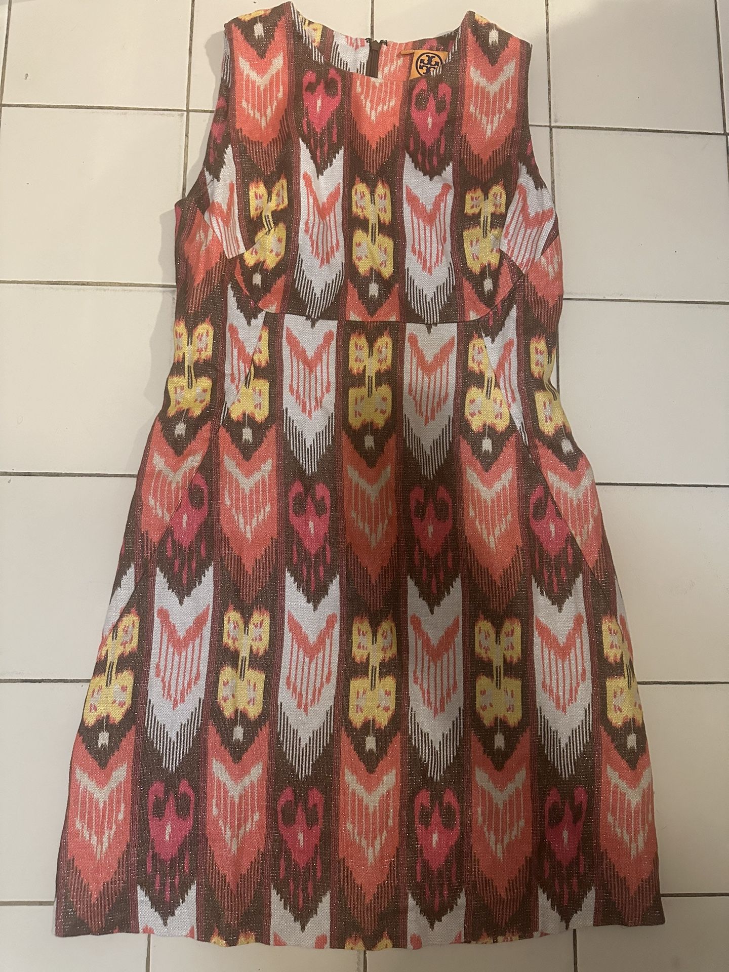 Tory Burch Linen Ikat Print Dress Size 12 Sheath Sleeveless Metallic Thread